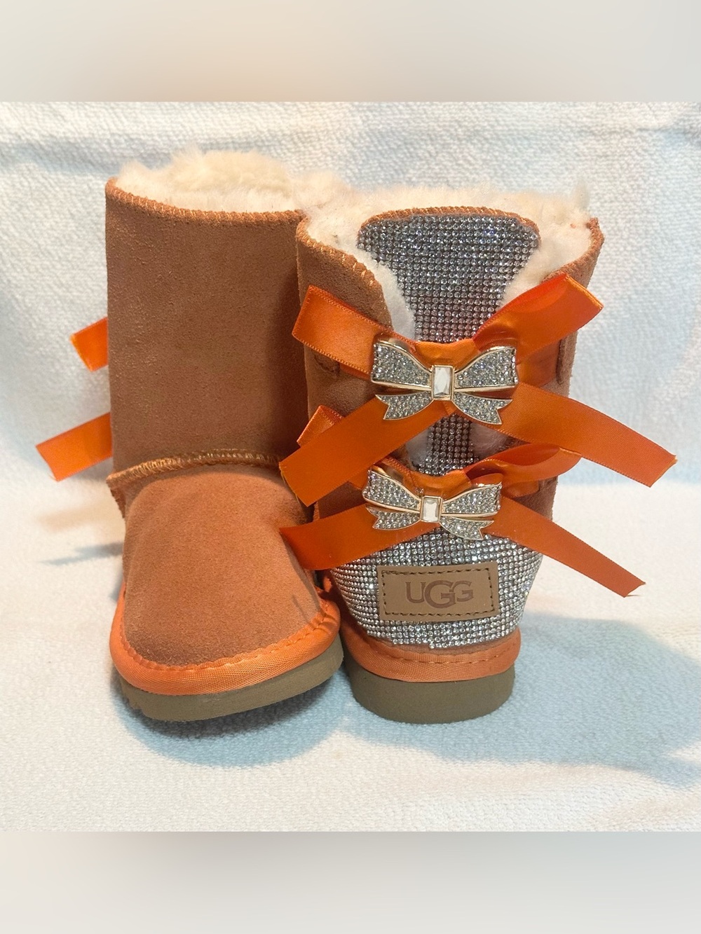 UGG Boots Toddler Girls Bailey bow custom blinged Rhinestone Bows Orange Ribbon